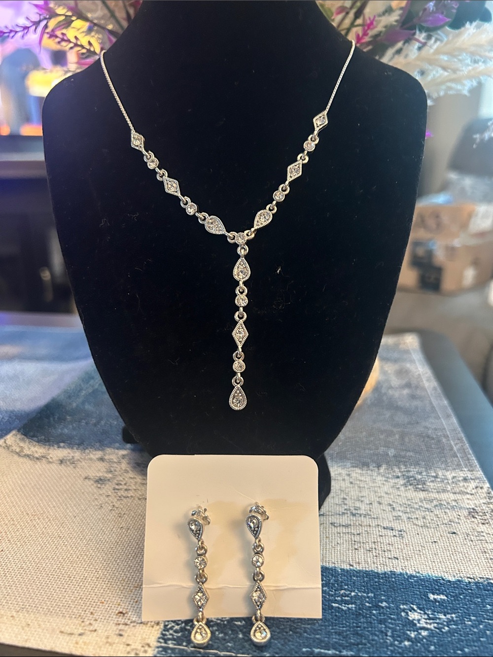 Sterling Silver Crystal Drop Necklace and Earrings Set